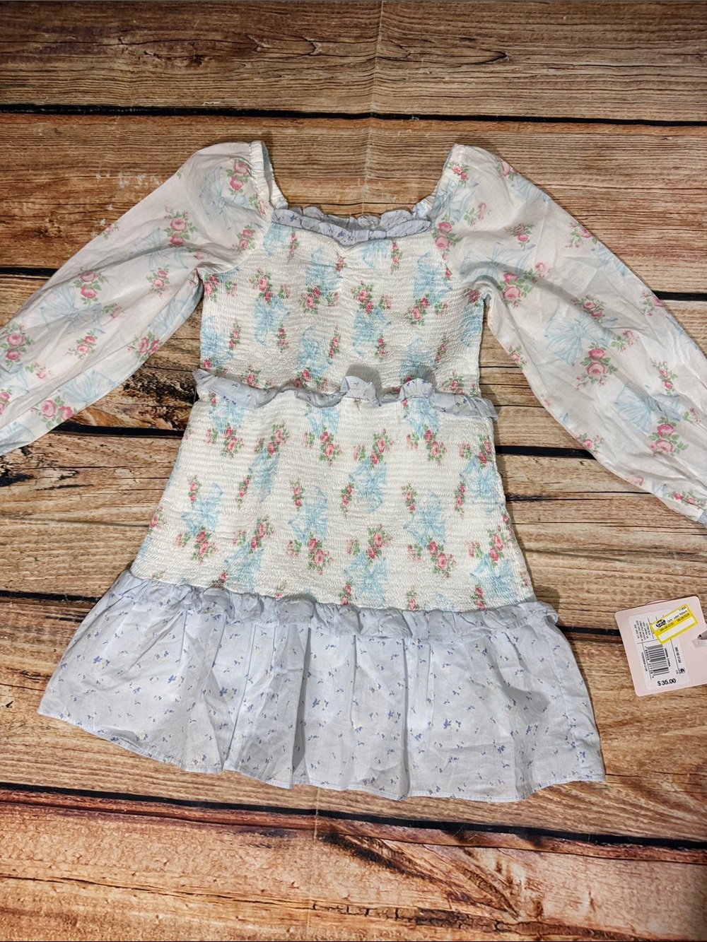 LoveShackFancy Girls' Floral Smocked Dress in Light Blue and Pink